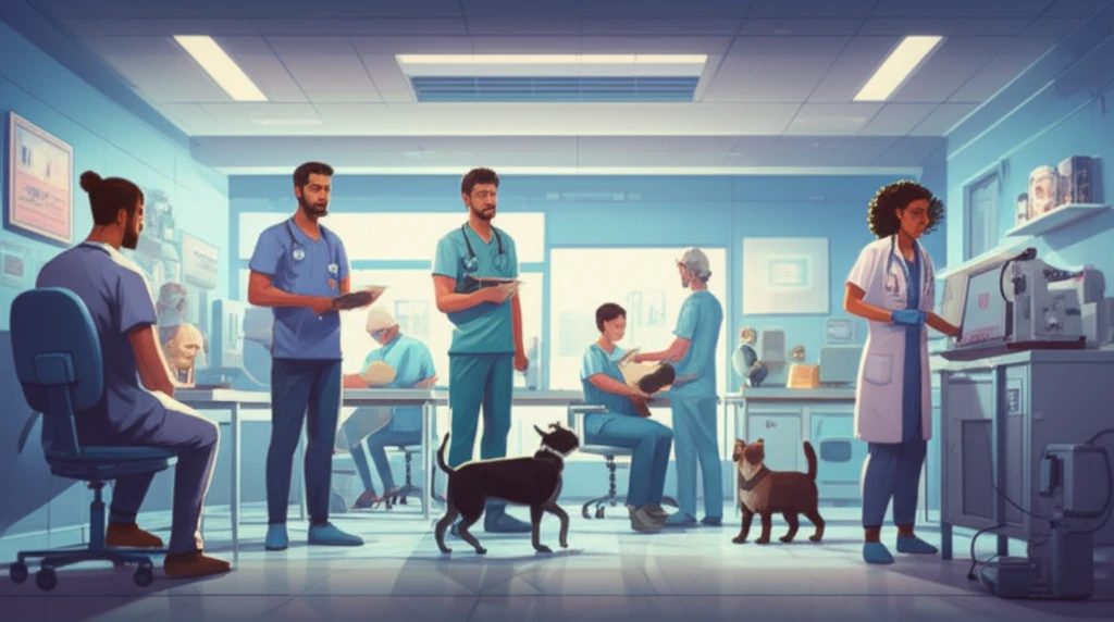 Diverse team of veterinary professionals working collaboratively in a modern animal clinic.