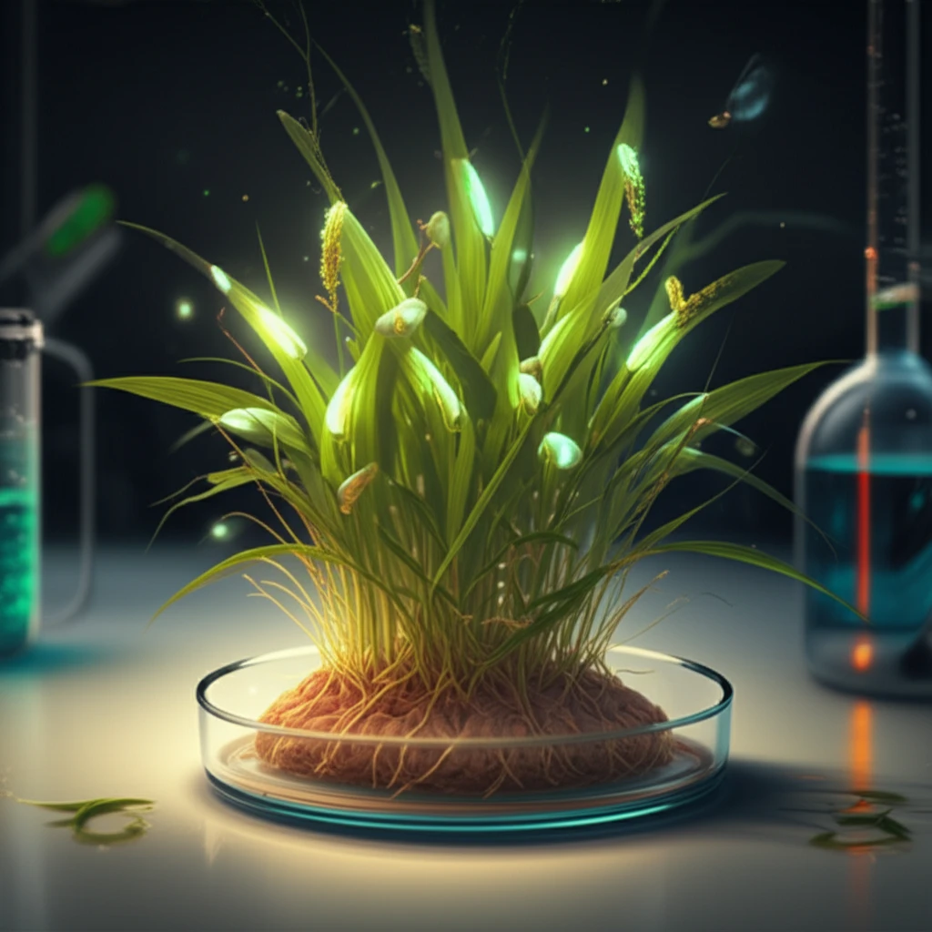 Rice plants with glowing anthers emerge from a petri dish