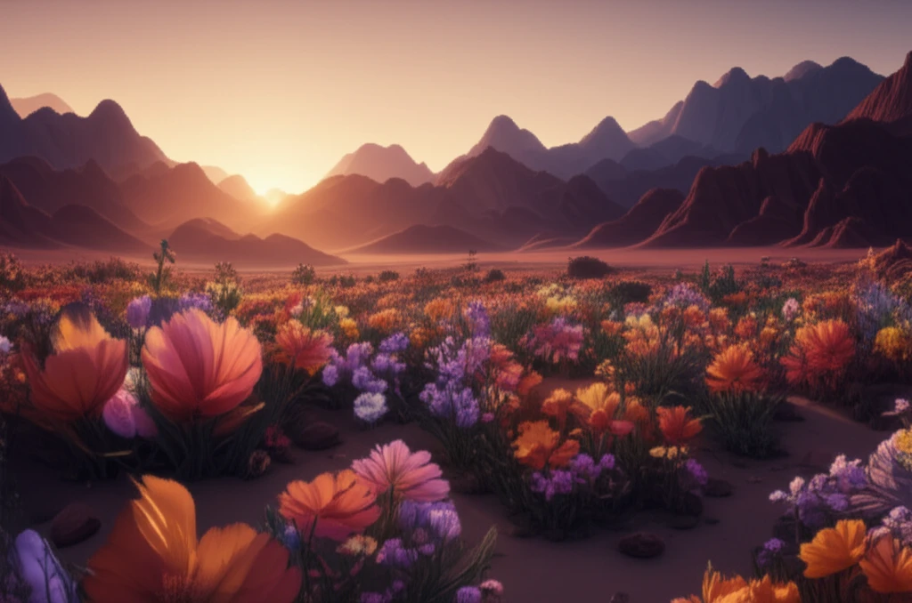 A vibrant field of Jordanian wildflowers at sunset.