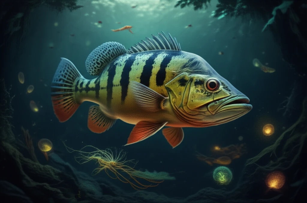 Microscopic view of Amazon fish in river with bacteria.
