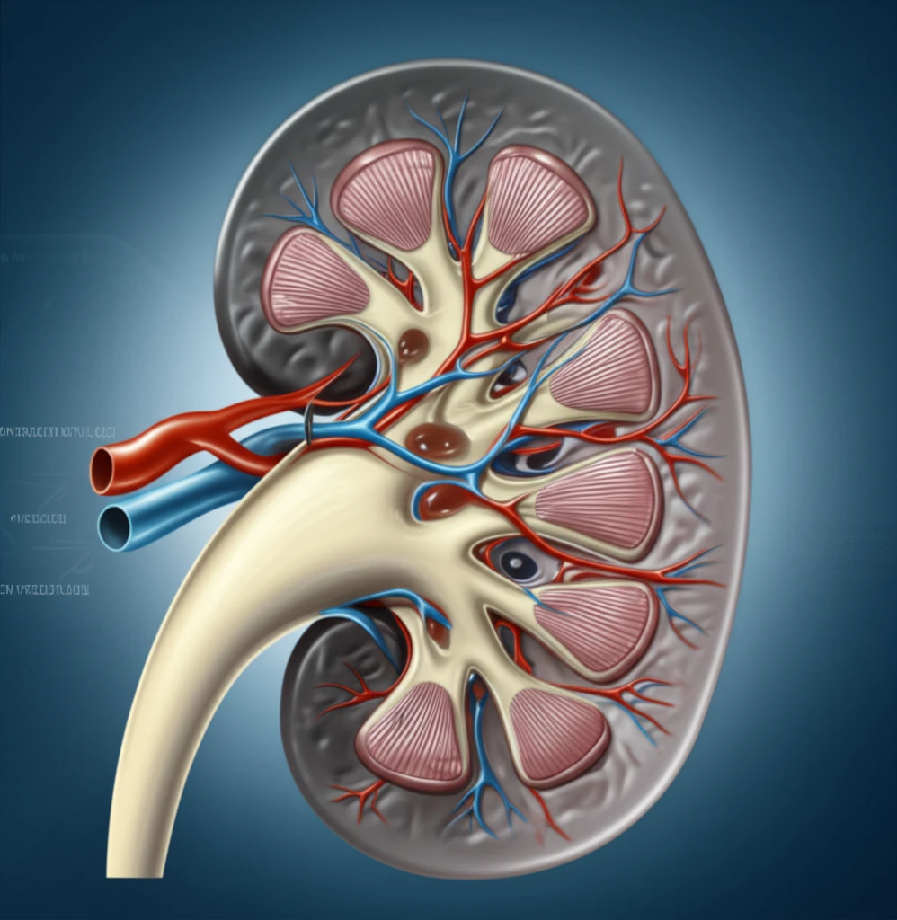 Illustration of a healthy kidney transitioning into a scarred kidney, symbolizing kidney damage after tumor removal.