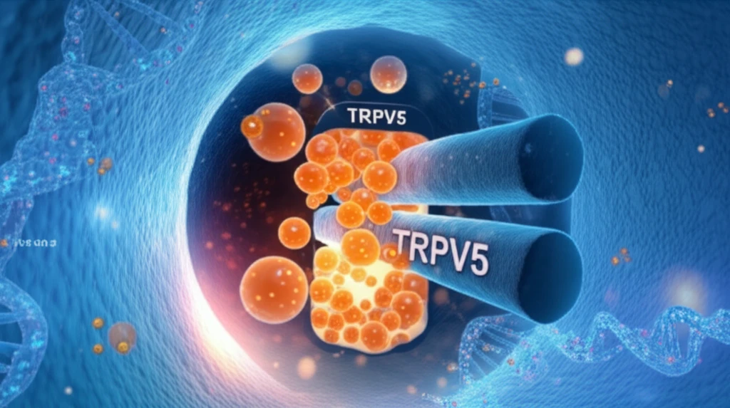Microscopic view of a kidney tubule with a malfunctioning calcium channel (TRPV5), highlighting the impact of the L530R genetic variation on kidney stone formation.
