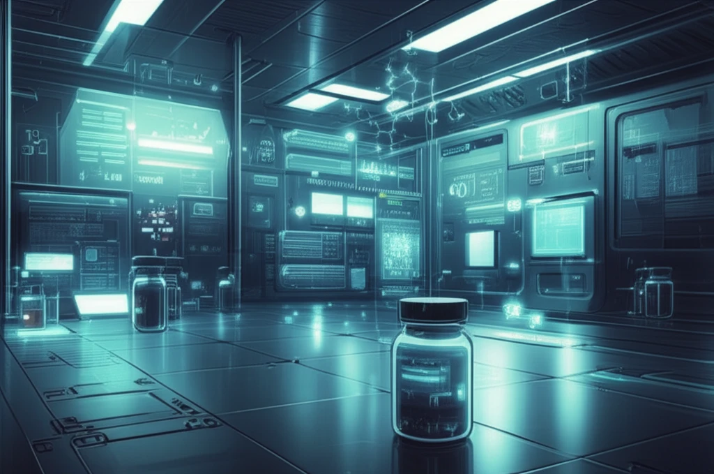 Futuristic pharmaceutical lab using noninvasive drug quality control technology.