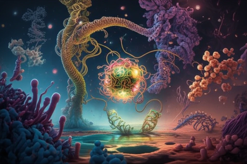 Microscopic archaeal landscape with dynamic protein structures and a glowing enzyme