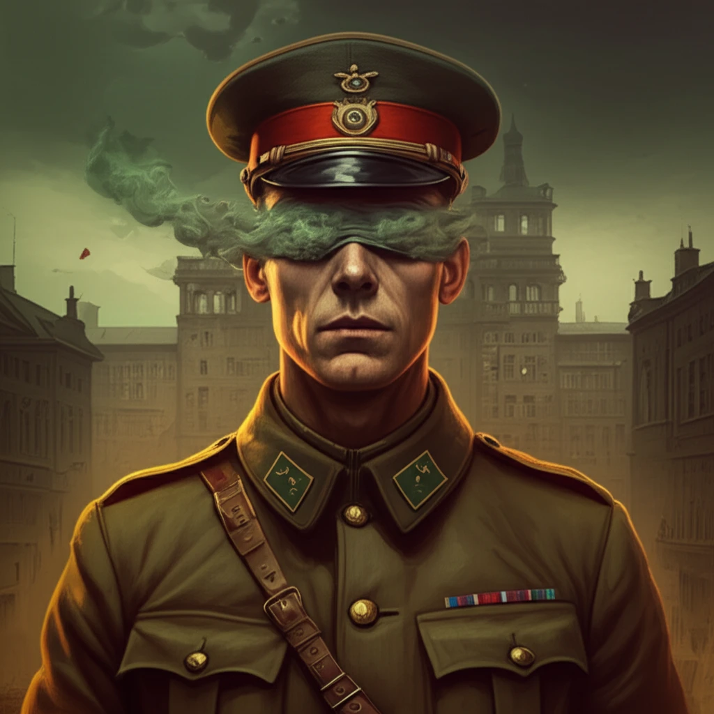 Surreal illustration of a WWI soldier obscured by gas, symbolizing blindness and political intrigue.