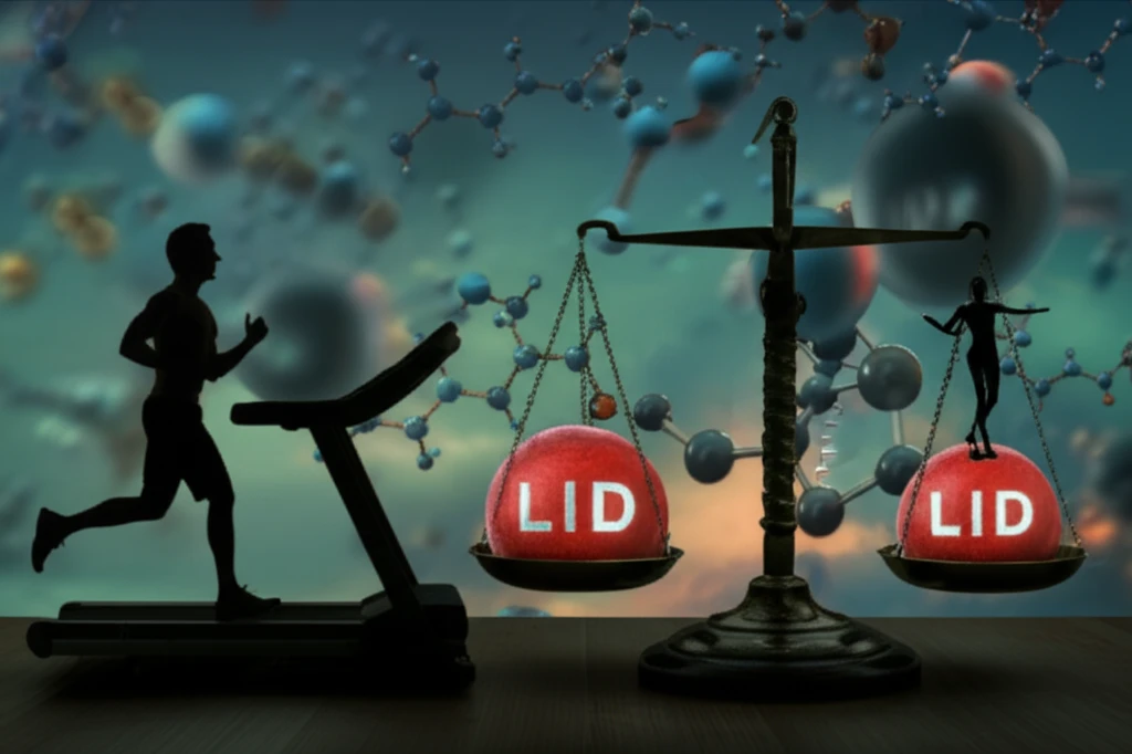 Surreal illustration showing the contrasting effects of exercise and lipid management for diabetes prevention in men and women.