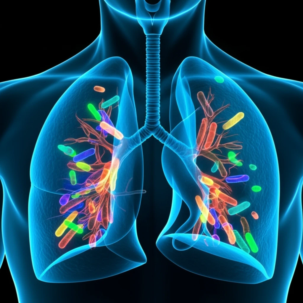 Bioluminescent bacteria on a lung with PET scan overlay, symbolizing infection imaging.