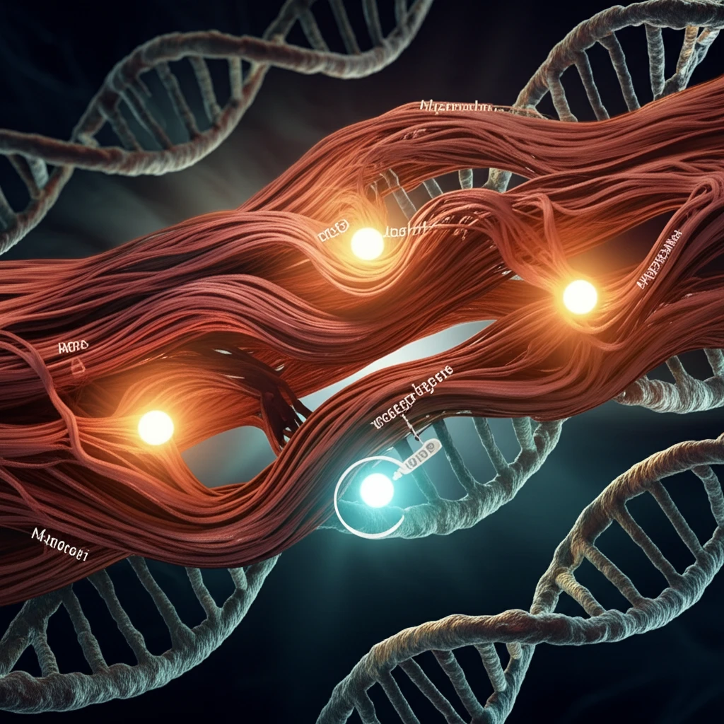 Illustration of muscle fibers and DNA strands, highlighting Jamb, Jamc, and Myomaker genes.