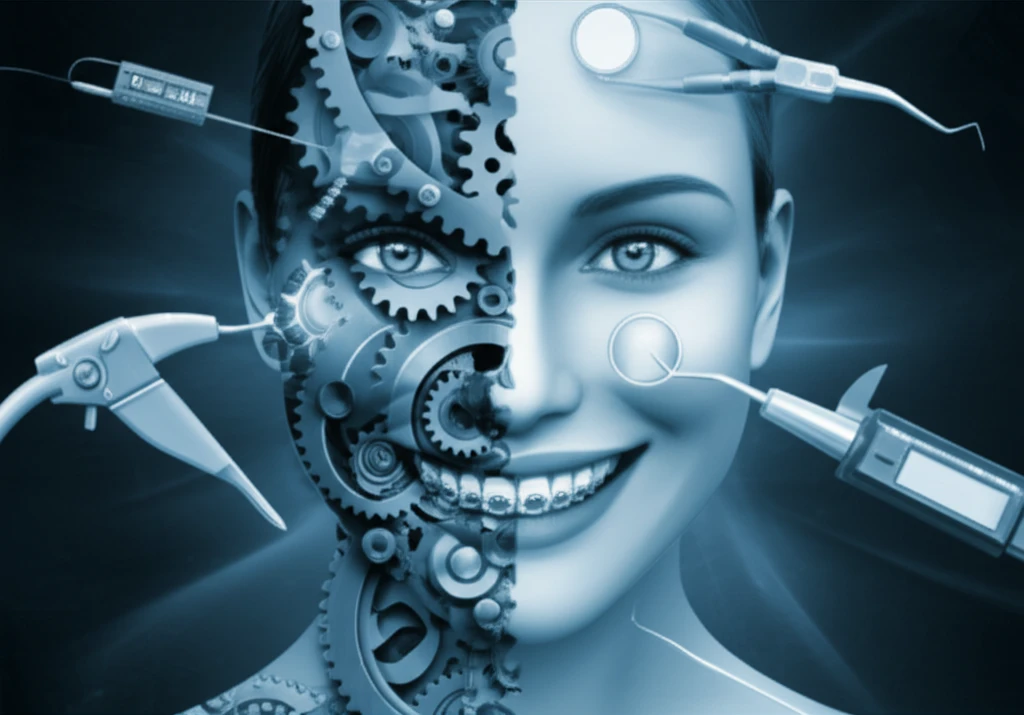 Surreal illustration of a smiling face with gears and diagnostic tools.