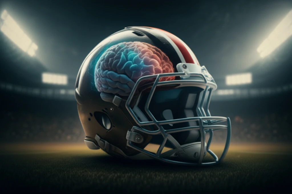Digital illustration of a football helmet revealing brain damage, symbolizing the risk of CTE in football.