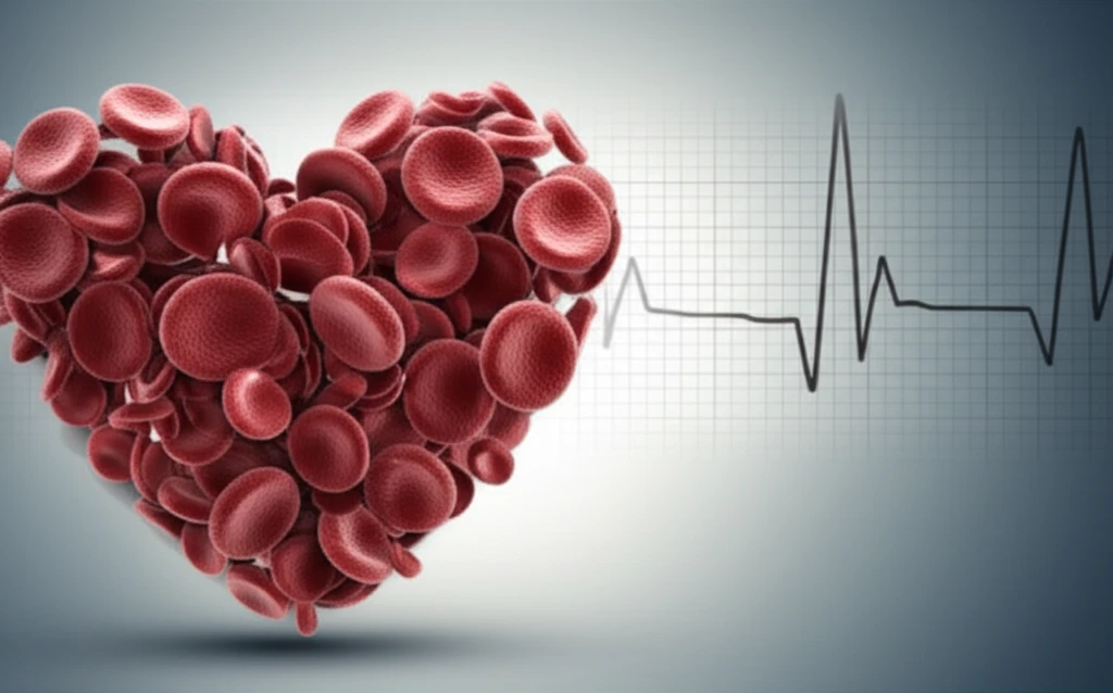 Heart composed of blood cells, with an ECG rhythm strip symbolizing predictive cardiology.