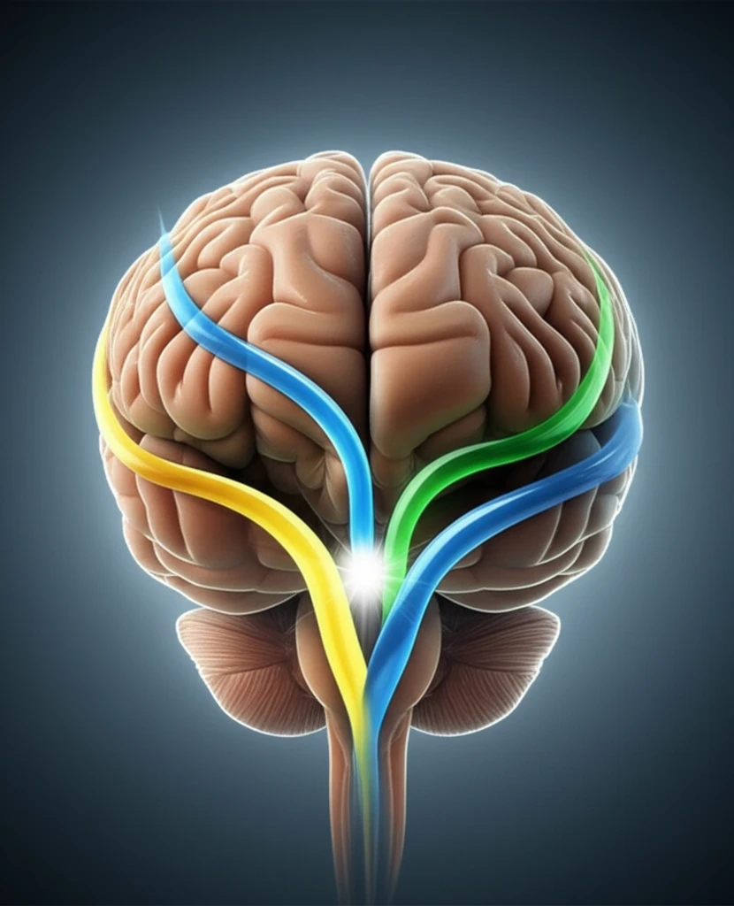 Surreal illustration of a brain with neurotransmitter ribbons converging into a hopeful glow, symbolizing Amitifadine's potential.
