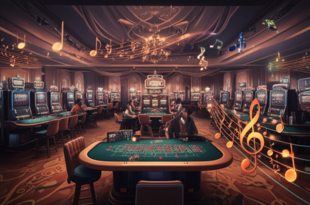 Casino interior with sound waves and musical notes influencing gambling decisions.