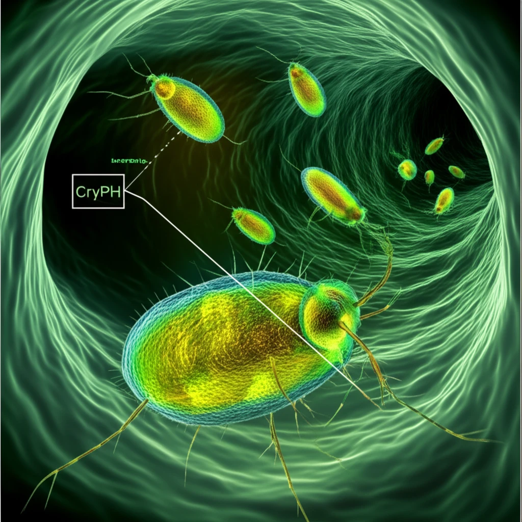 Illustration of malaria parasites in a mosquito midgut, highlighting the CryPH protein.