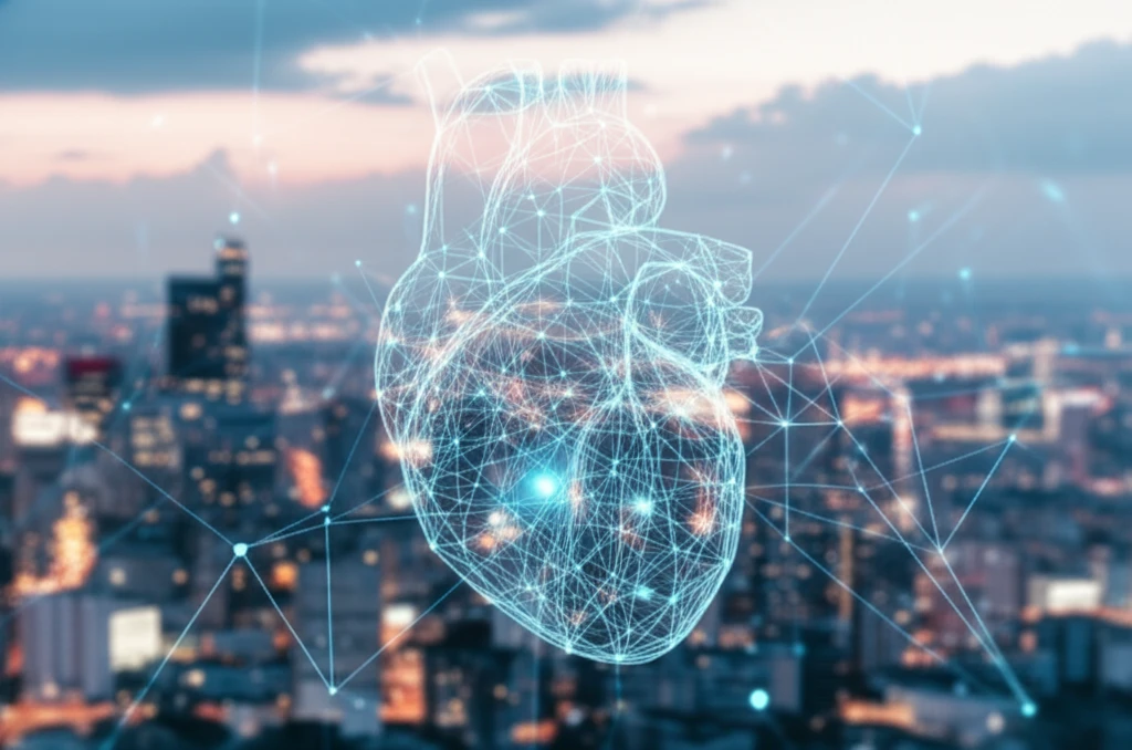 Interconnected heart with nodes, symbolizing predictive algorithms.