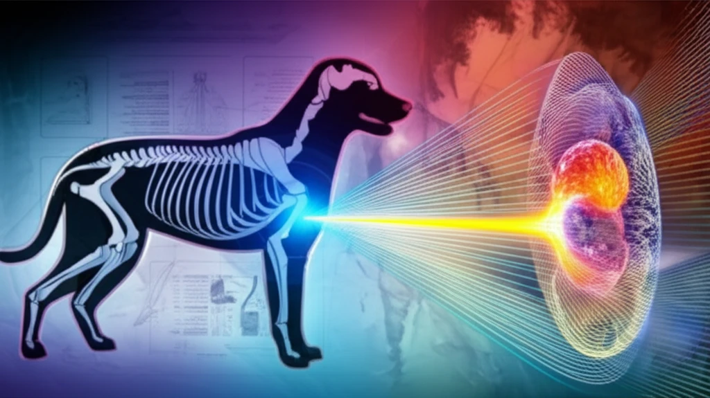 HIFU treatment illustration showing focused sound waves targeting a tumor in a dog's body.