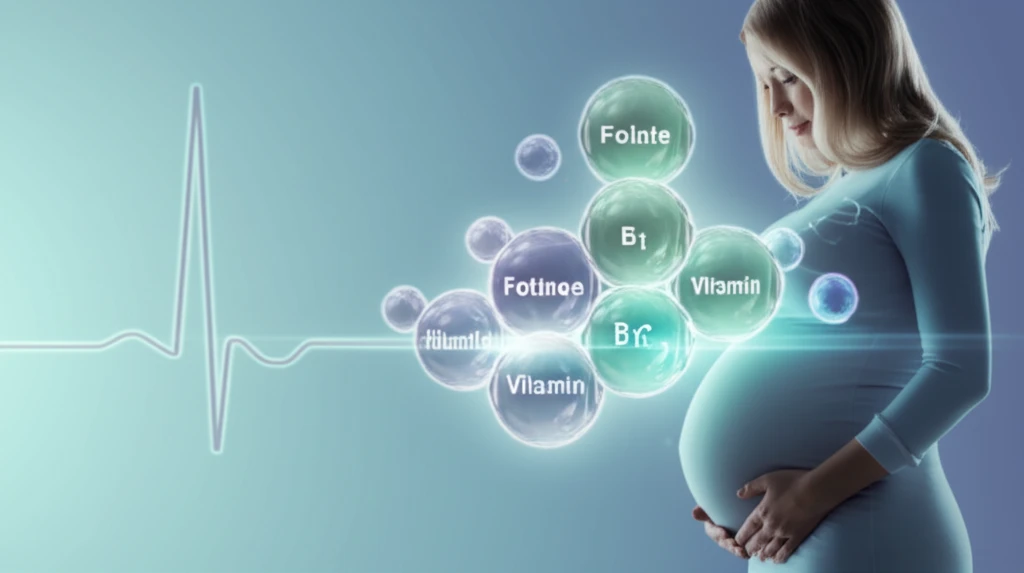 Surreal illustration of a pregnant woman surrounded by folate, homocysteine, and vitamin B12 molecules.