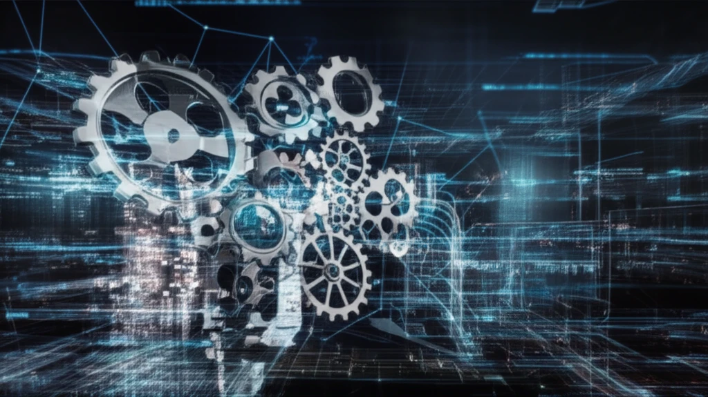 Digital illustration of a modern supply chain with interconnected gears and a futuristic cityscape.