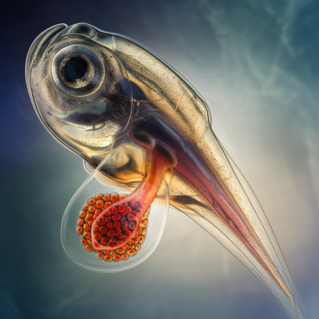 Microscopic view of zebrafish embryo showing developing gonads.