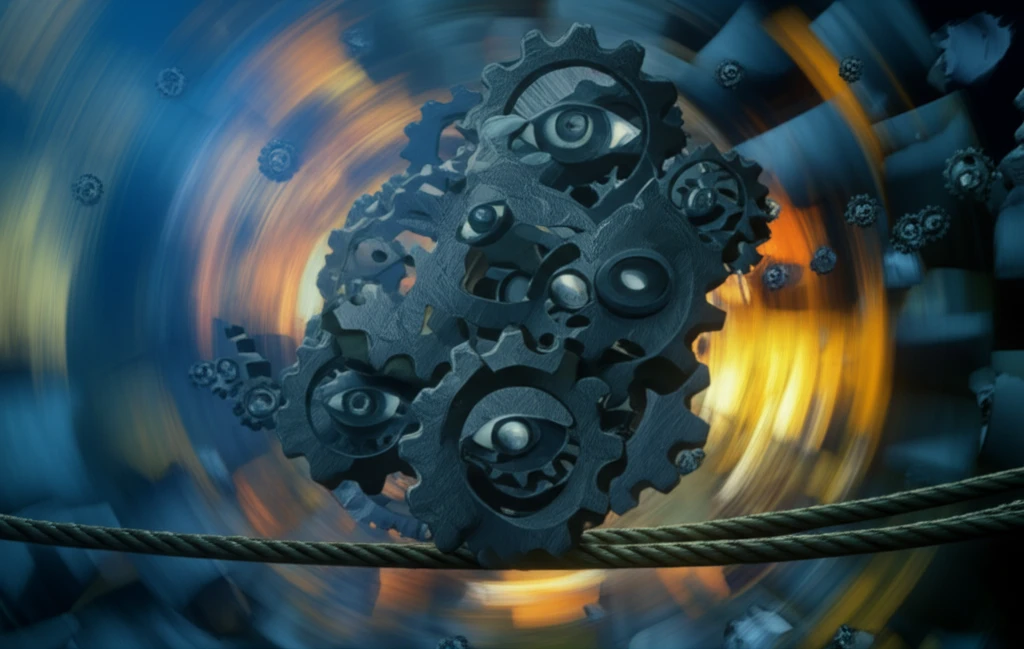 Interconnected gears symbolizing vision, orientation, and timing balanced on a tightrope.