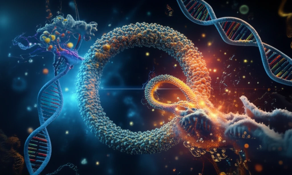 Microscopic view of RNA splicing showing circular RNA forming a loop.