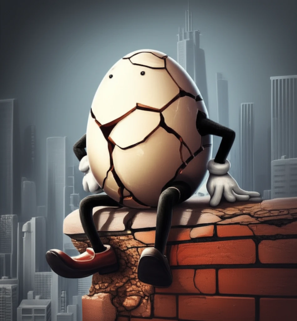 Humpty Dumpty on a crumbling wall representing fragile power.