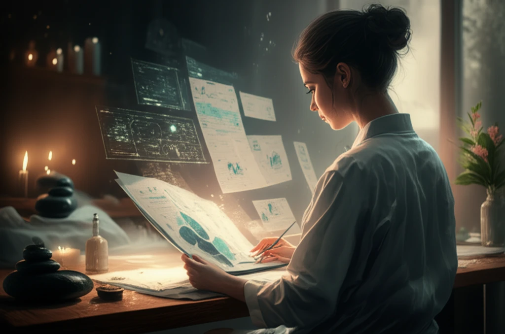 Massage therapist reviewing research charts in a serene spa setting