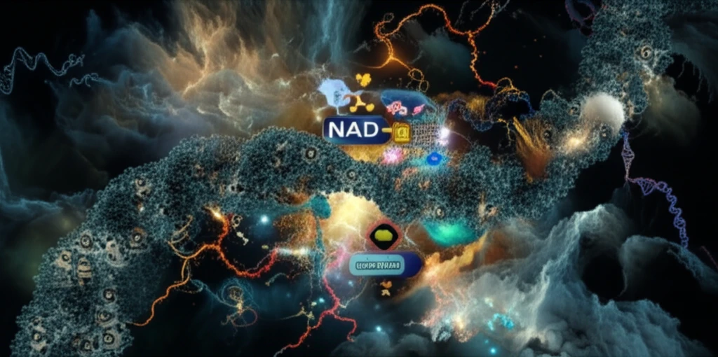 Surreal digital illustration of NAD-modified RNA.