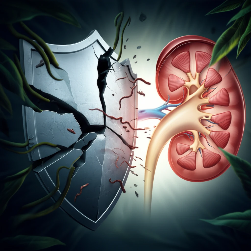 Symbolic representation of a weakened immune system under parasitic attack in a kidney transplant patient.