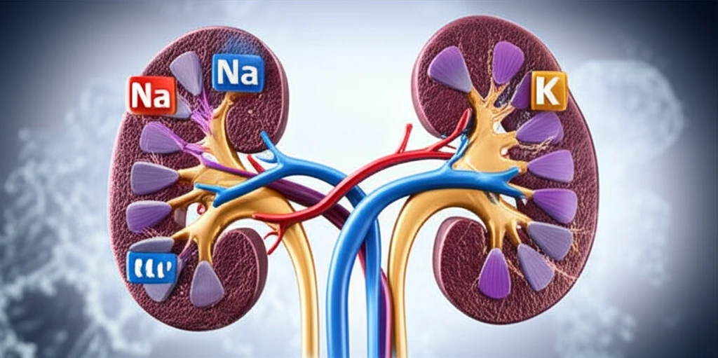 Kidneys intertwined with sodium and potassium symbols with subtle uric acid crystal formation.