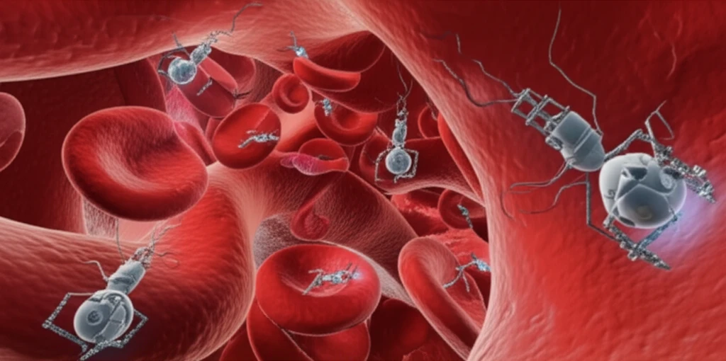 Microscopic nanorobots navigate blood vessels, targeting diseased cells.