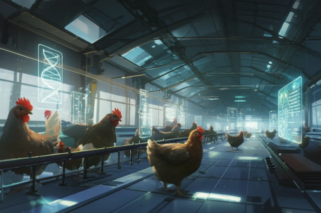 Chickens in a futuristic farm, symbolizing genetic resilience.