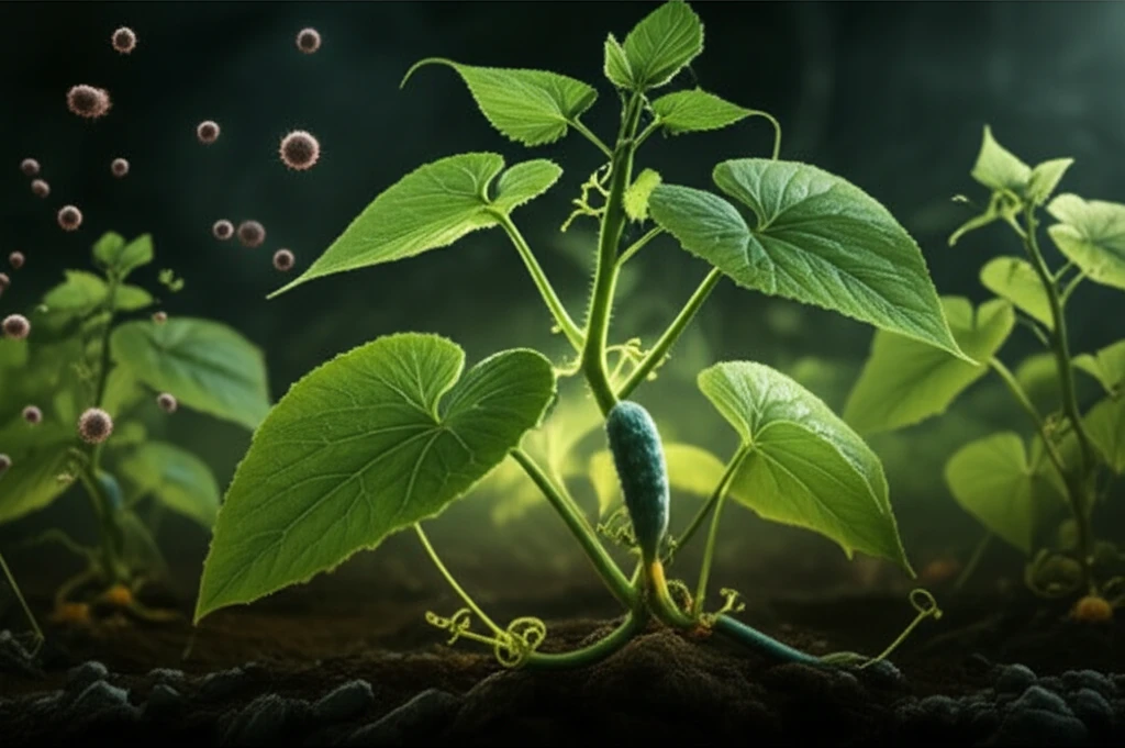 Glowing cucumber plant resisting fungal spores, symbolizing genetic resistance.