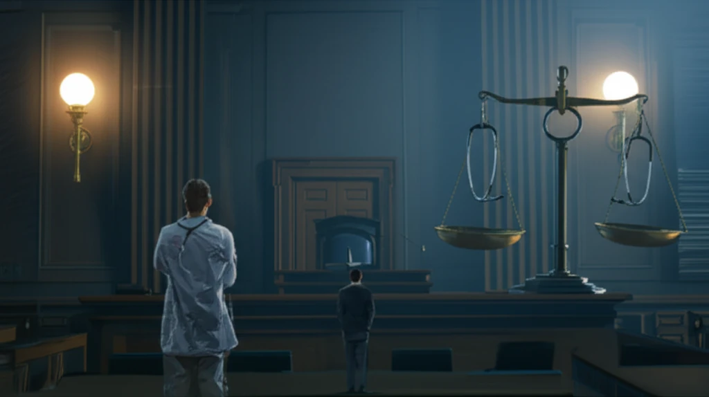 Scales of Justice replaced by stethoscope symbolizing healthcare in the courtroom.