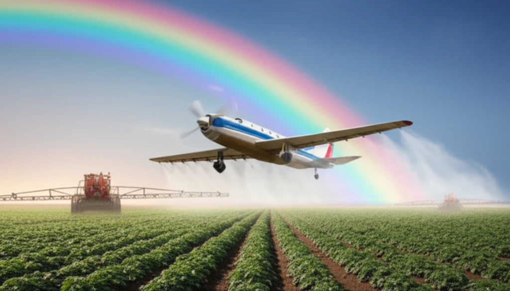 Potato field being sprayed by aerial and ground equipment under a rainbow.