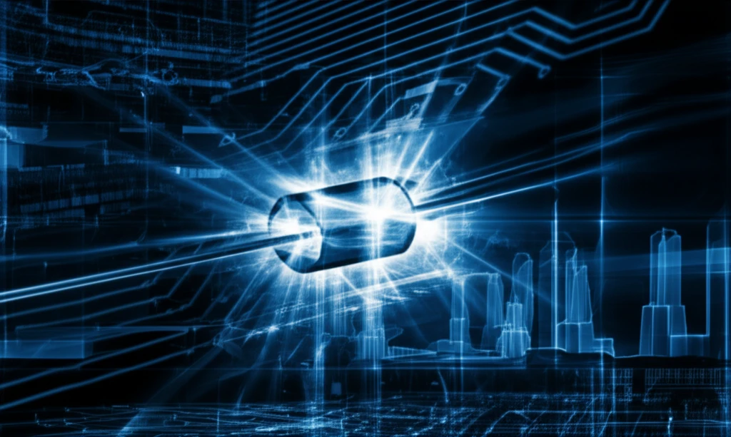 Surreal illustration of a PIN diode measuring radiation in a futuristic city.