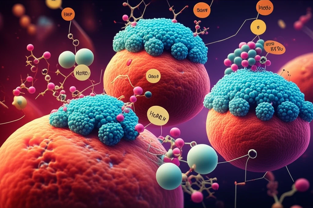 Surreal illustration of EGF and H2O2 dynamically interacting with the Golgi apparatus and Sac1 enzymes.