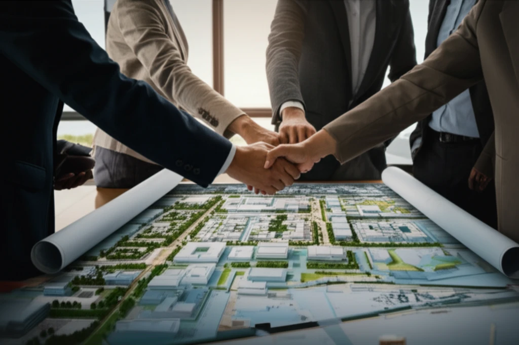 Global investors collaborating on a futuristic industrial park project.