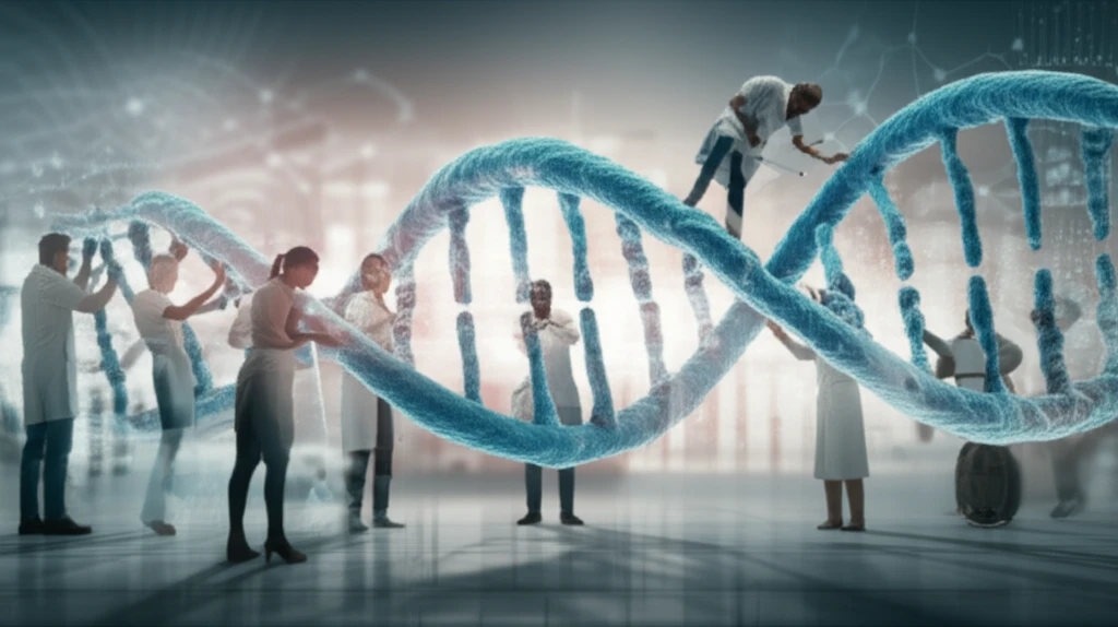 Patients and healthcare professionals collaboratively building a DNA strand, symbolizing patient engagement in medical research.