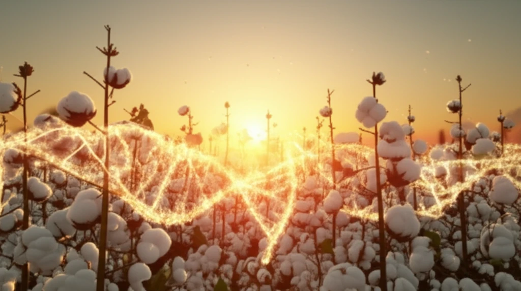 Cotton field with glowing DNA strands illustrating genetic manipulation for enhanced growth.