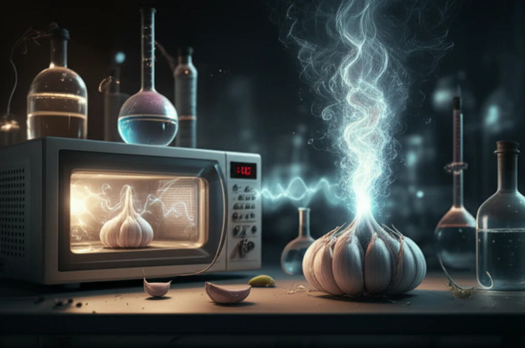 Surreal illustration of garlic transformation using microwaves and ultrasound.