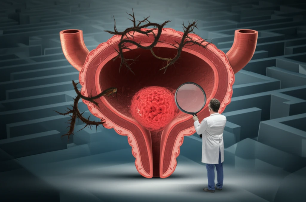 Illustration of T1 bladder cancer diagnosis and treatment challenges.