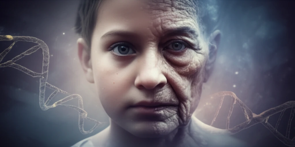 Surreal image of a child transforming into an elderly person with DNA in the background, symbolizing the genetics of aging.