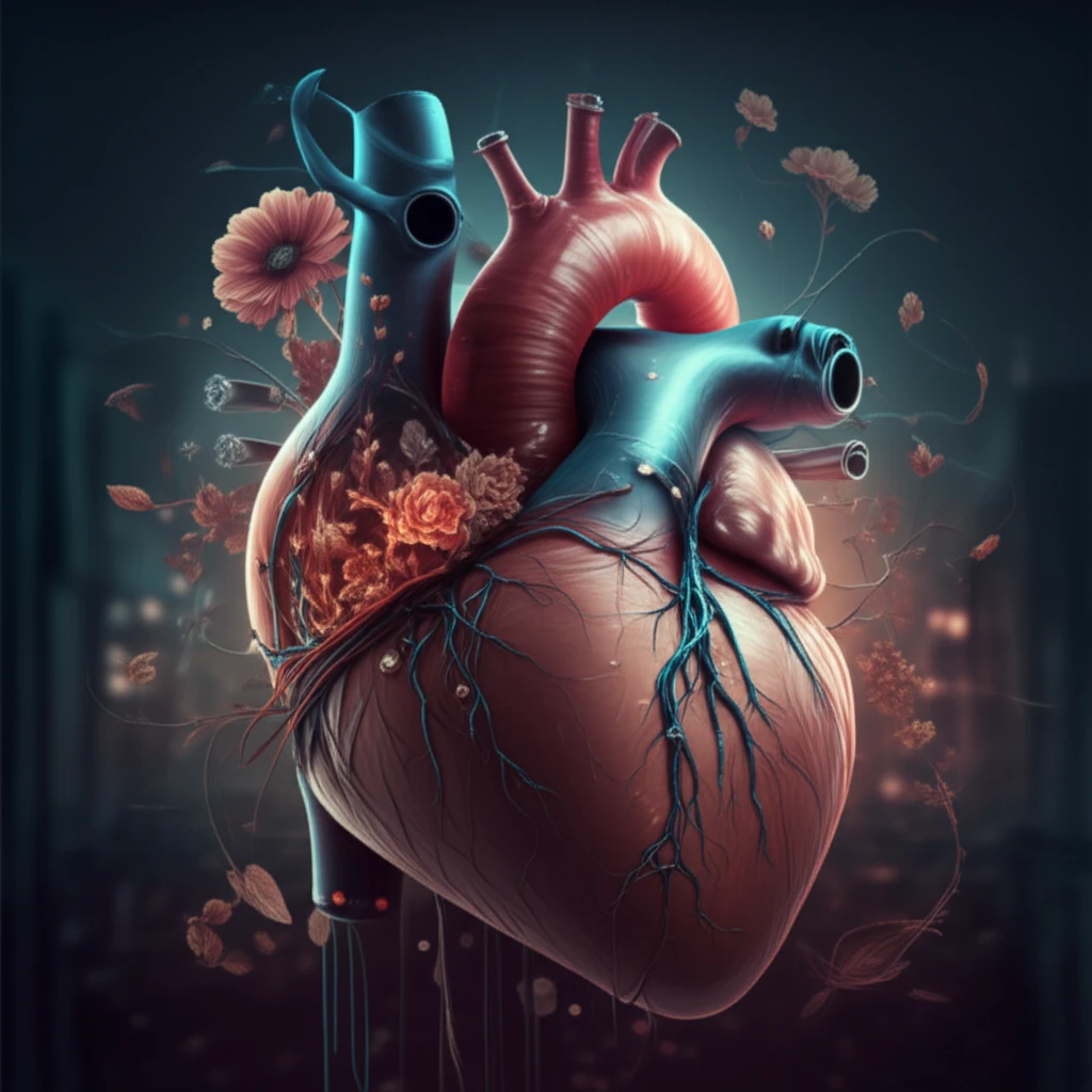 Surreal illustration of a heart intertwined with technology and nature, symbolizing heart failure treatment.
