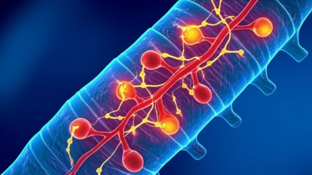 Illustration of spinal cord with glowing microglia cells and leptin molecules forming nerve pain pathways.