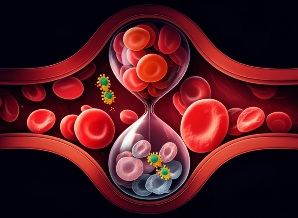 Stylized blood vessel showing the impact of arginase, aging, and obesity.