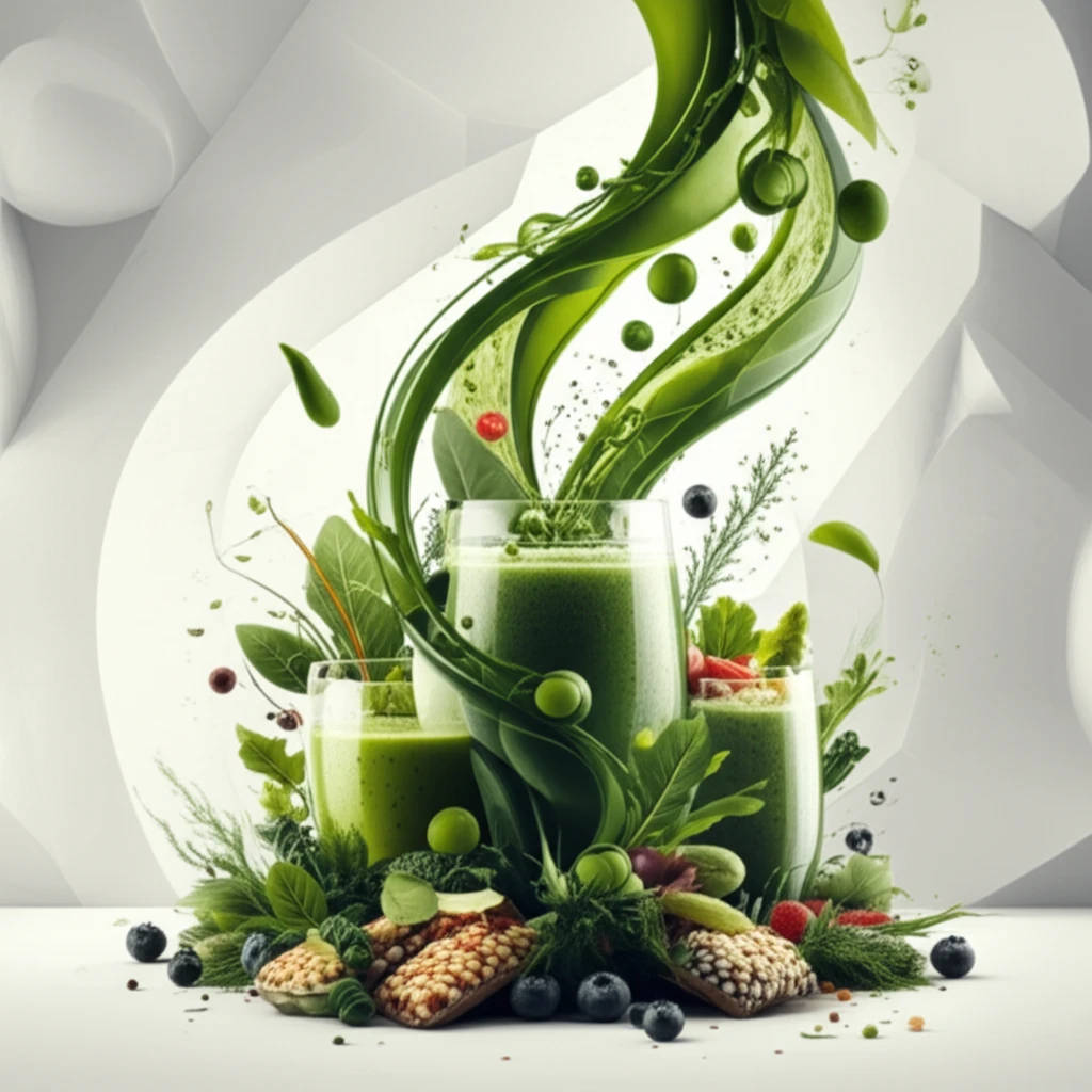 Vibrant green algae intertwined with smoothies, salads, and protein bars, symbolizing the nutritional richness and sustainable potential of algae as a food source.