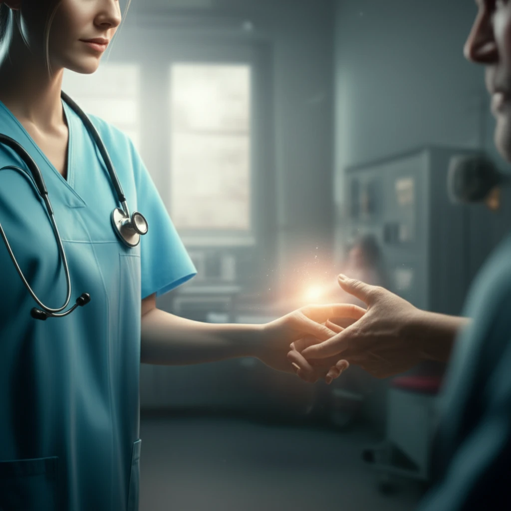 A symbolic image of a nurse and patient connecting in a mental health setting.