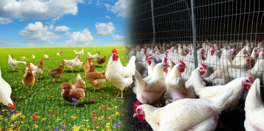 Contrast between idyllic free-range and cramped poultry farming conditions.