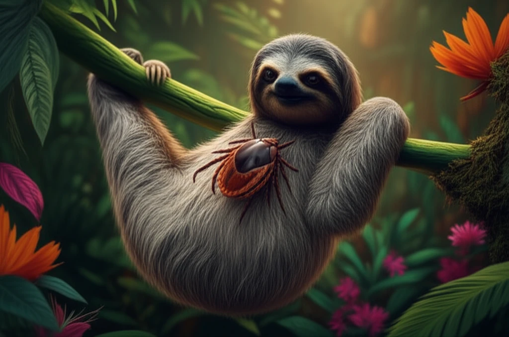 Sloth in Amazon rainforest with giant tick.